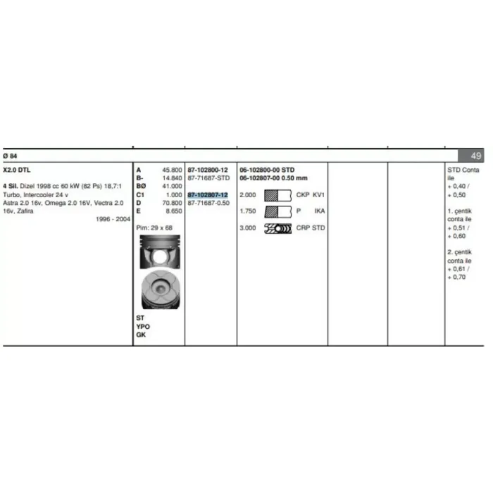 Piston Segman X20DTL Astra G Vectra B (84,50M) 050 | GOETZE 8771687050000G | OEM 624148 623130