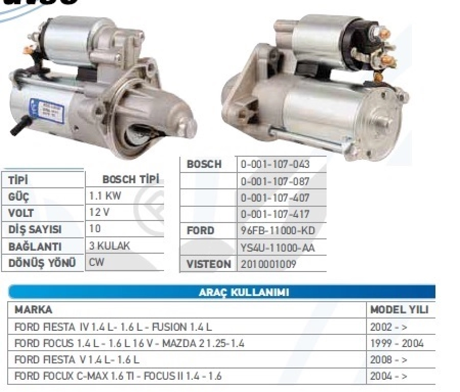 Marş Motoru 12V 10D 1,1 kW Visteon Tipi Ford Fiesta 1.4, 1.6, 1.6 16V 1995-2002, Focus STR31167 | OEM WUT.1107.0338