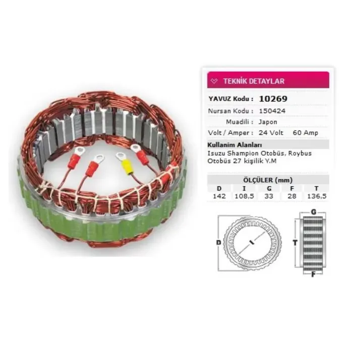 Alternator Stator Mitsubishi Tip 24V 60A Isuzu Champion Otobüs Y.M Nursan 150424 | YAVUZ 10 269 | OEM L260G12111 LR260505 LR260505B LR260508C