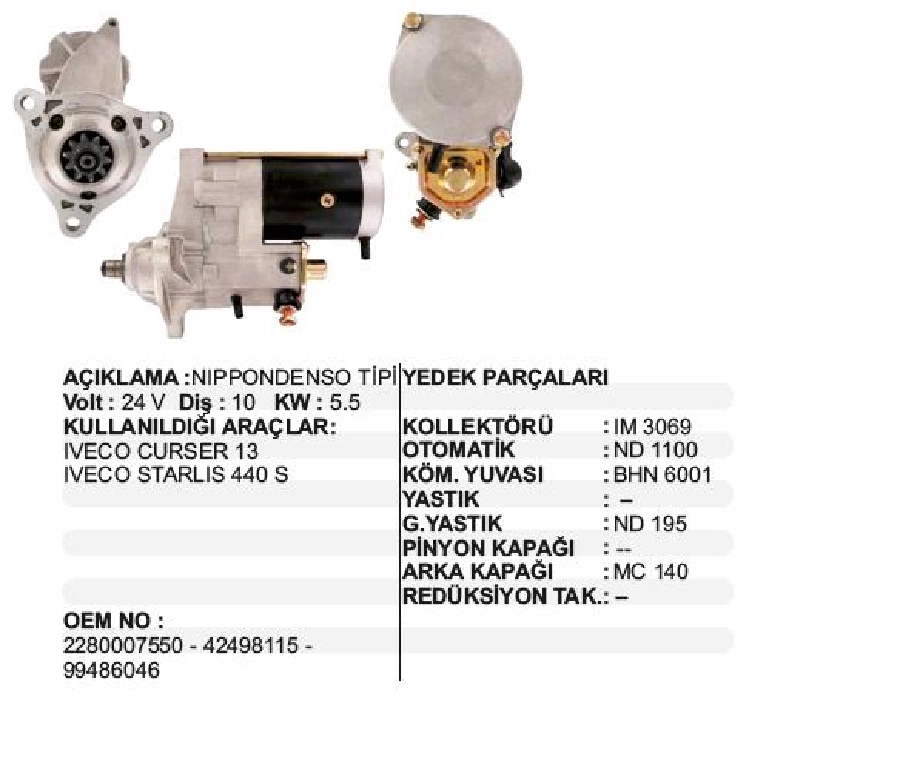 Marş Motoru 24V 10D 5,5 kW Denso Tipi Iveco Cursor 13, Stralıs 440S .430, 190E Kamyon Yeni Model Ford Cargo 1 | OEM STR6175