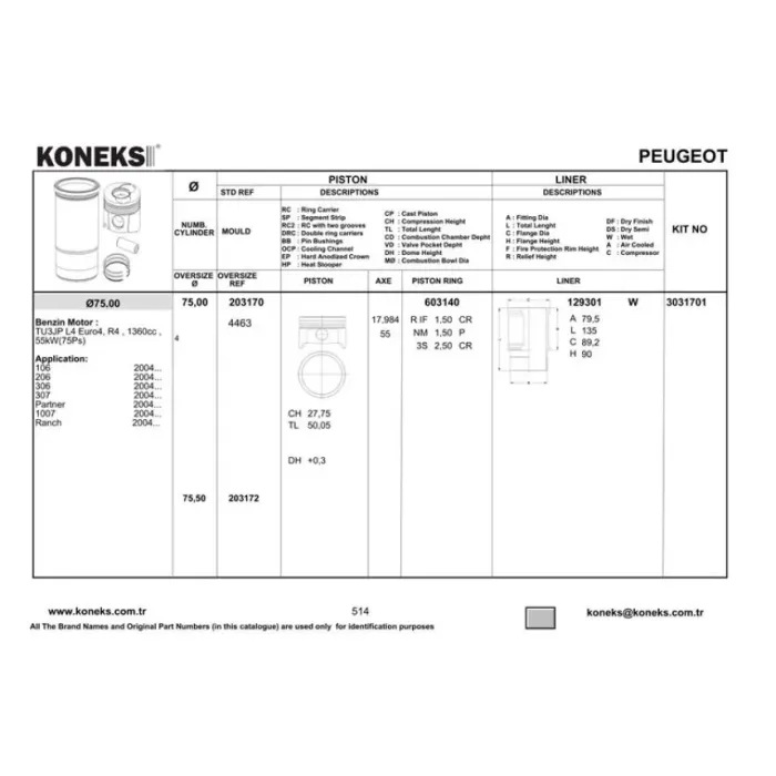 Piston Segman P106 P206 P306 Partner 2 Berlingo 2 TU3JP (1,4 8V) 04> (Boy:50MM Tepe:0,10 Yuksek) EURO4 (75,00) (Std) | KONEKS 203170 | OEM 0111AT 0111Z7