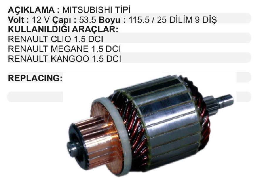 Marş Kollektörü Mitsubishi Tipi 12V Citroen Berlingo, C4, C5-Peugeot Partner, 307, 407-Fiat Scudo BOY:115 | OEM IM3151