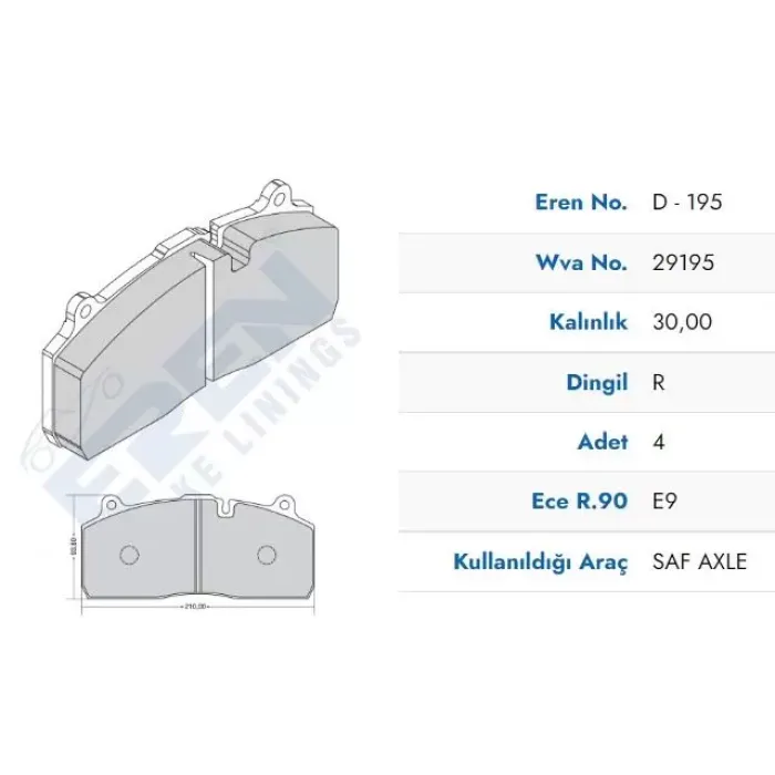 Fren Balatasi Tirsan Bpw Saf Dingil - Haldex DB22LT (Premium) | EREN PRM-D.195 M201 | OEM 29195 29195