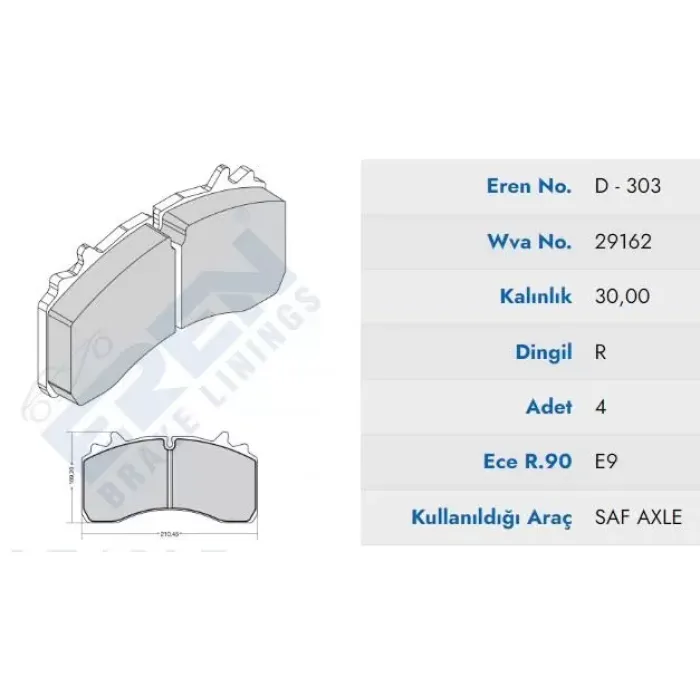 On Fren Balata Saf Dorsey (04-) (Mavi Kutu) Saf, Schmitz Cargobull | EREN HP D.303 M201 | OEM 29162 3057008400 877935