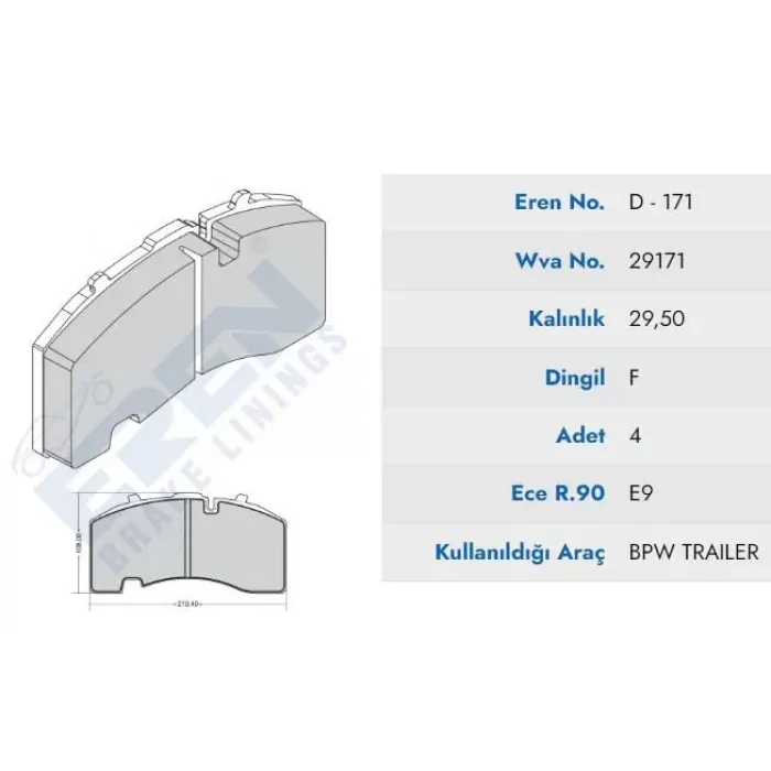 On Fren Balatasi Krone Kogel Bpw Dorse (Mavi Kutu) | EREN HP D.171 M201 | OEM 29171 0509290060 0980106440