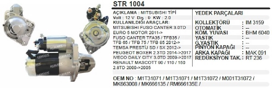 Marş Motoru 12V 2KW 9D - Mitsubishi Fuso Canter (MIT31071) | OEM STR1004