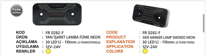 Fr 2 Fonksiyonlu Yan İşaret Lamba Neon 30 LED Füme Camlı Sarı