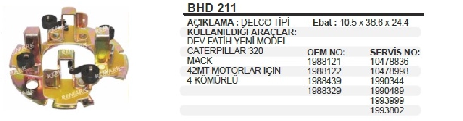 Marş Kömür Yuvası Kömürsüz - Delco Tipi Dev Fatıh Yeni Model Caterpillar 320 Mack 42MT Motorlar İçin 4 Kömürlü | OEM BHD211