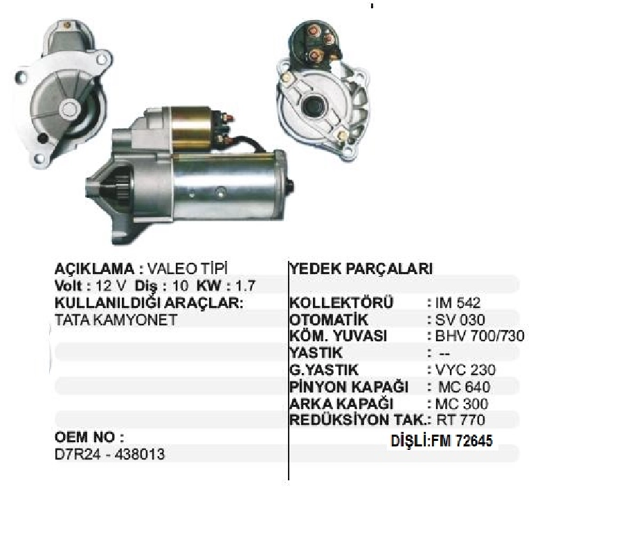 Marş Motoru 12V 10D 1,7 kW Valeo Tipi Tata Kamyonet ( D7R24 ) | OEM STR3097