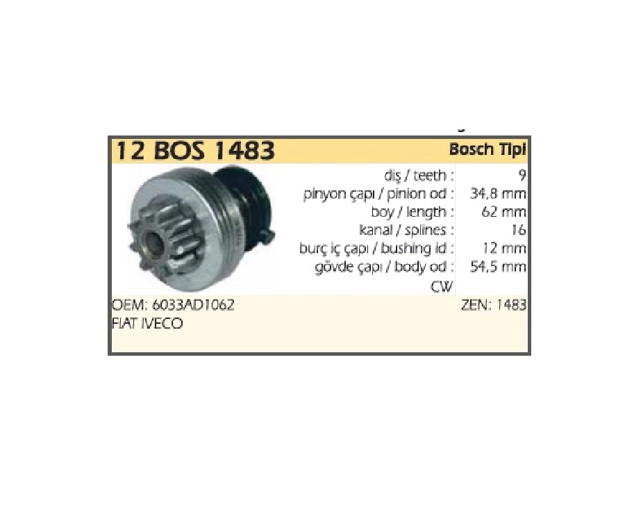 Marş Dişlisi 9D Bosch Tipi (1483) Fiat Iveco | OEM 12BOS1483