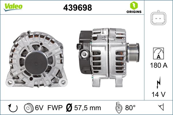 Alternator 12V 180A C4 C5 Scudo P407 Tepee (439620) | VALEO 439698 | OEM 5702G2 5702G2 5705JF 9661544880 5705JF 9661544880
