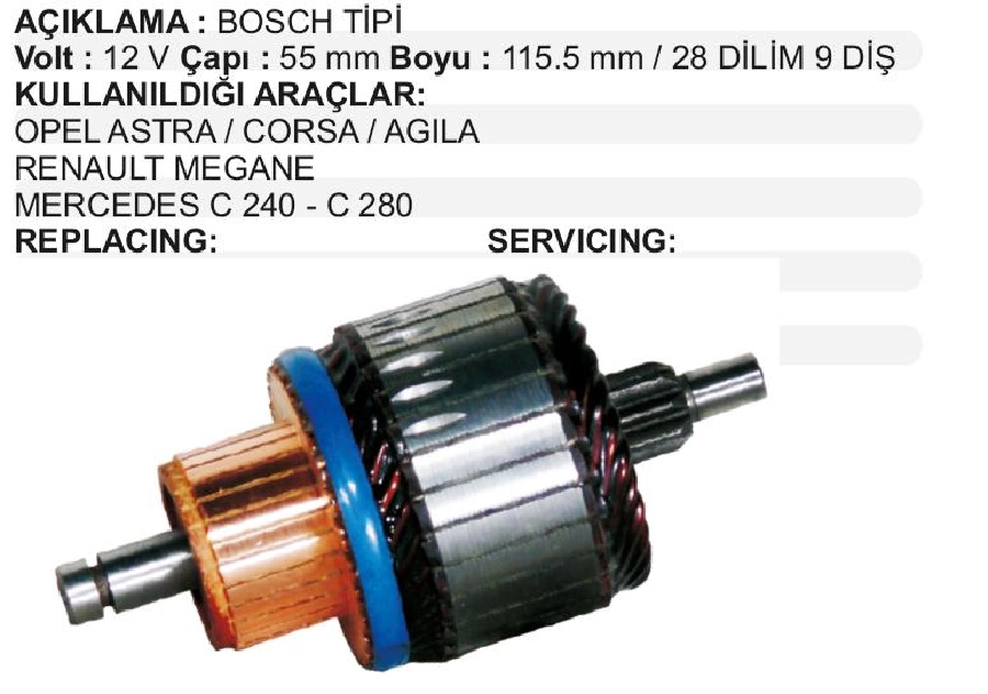 Marş Kollektörü Bosch Tip 12V Renault Megane Opel Astra C 28 Dilim 9 Diş Çap 55 2000 Uzunluk 115,50 2000 IM21 | OEM IM2131