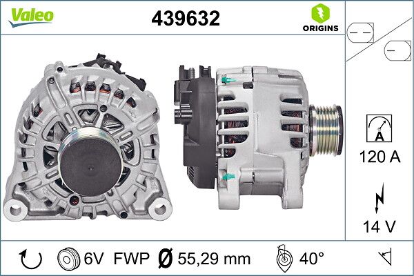 Alternator 12V 120A Ford Fiesta VI (CB1, Ccn) 1.4 TDCI 08>17 Fiesta VI 1.6 TDCI 08>17 Mazda 2 (De_, Dh_) 1.4 Mzr-Cd 08>15 | VALEO 439632 | OEM 31266148 31266148 31266148AA 31266148AA