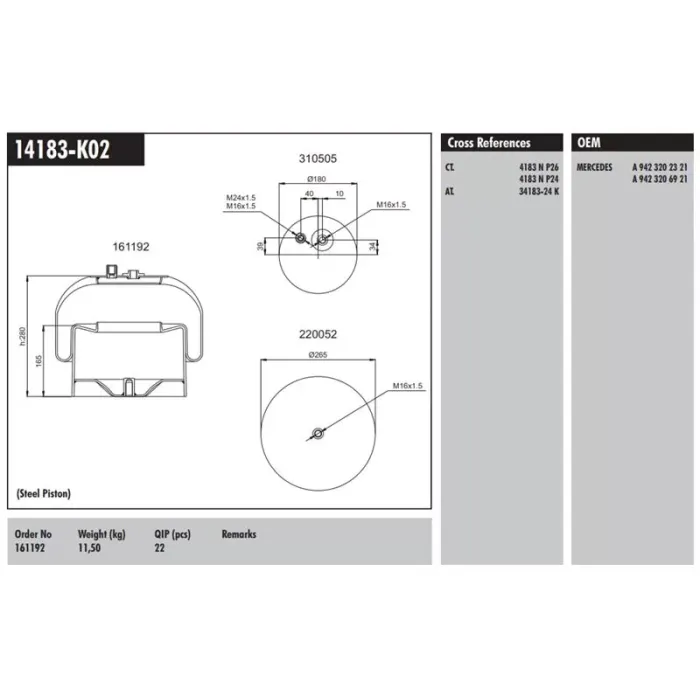 Komple Metal Pistonlu Mercedes Ym (14183 24) | CONNECT MD 14183-K02 | OEM A9423202321 A9423206921