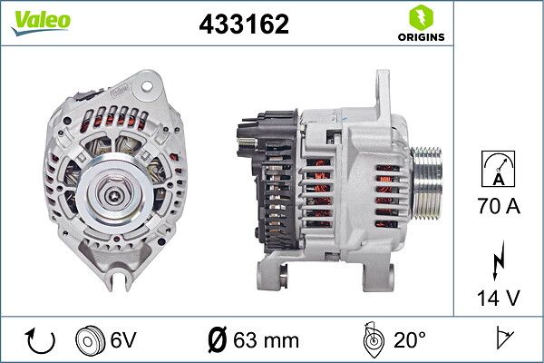 Alternator 12V 70A Berlingo Jumpy Xantia Xsara Scudo P306 Expert Partner 1,6 / 1,8D / 1,9D / 2,0 97> (XU7 | VALEO 433162 | OEM 5701C3 5701C3 57052N 5705F3 57052N 5705F3