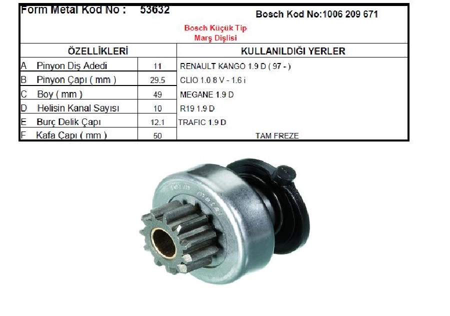 Marş Dişlisi 11D-10K - Bosch Tipi Renault Clio Kangoo 1.9D Express Megane Trafik 1.9 D | OEM 53632