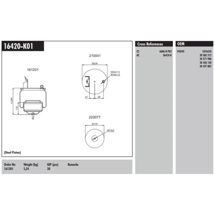 Di̇ngi̇l Körüğü Komple Metal Pistonlu Volvo | CONNECT MD 16420-K01 | OEM 20456158 20571988 20582212
