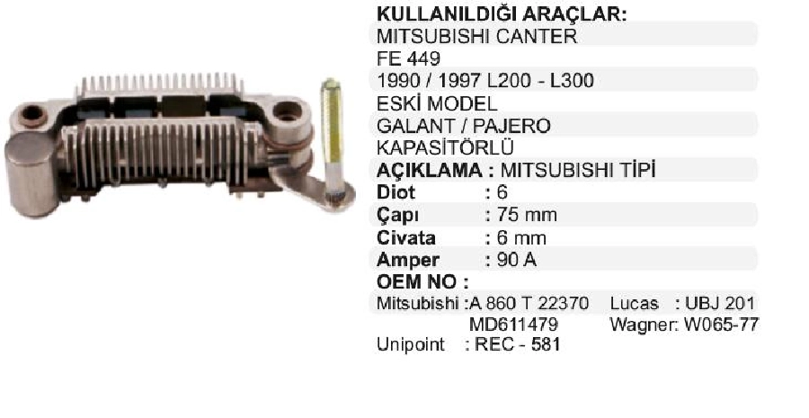 Diyot Tablası Mitsubishi Tip 75 2000 - Mitsubishi L300 2.5, Pajero 2.5 (90), Hyundai H100 | OEM VMR7564