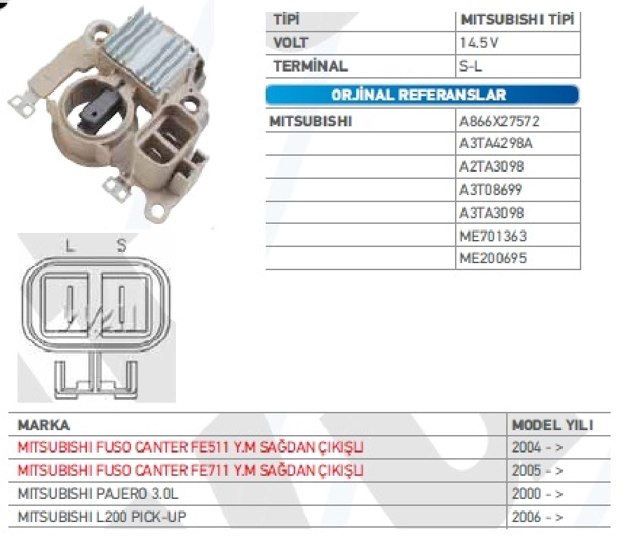 Konjektör Mitsubishi Tip 12V. (14.5V) Mitsubishi Fuso Canter FE511 - FE711, Yeni Model Pıck-Up L200, Pajero | OEM VRH2009-79