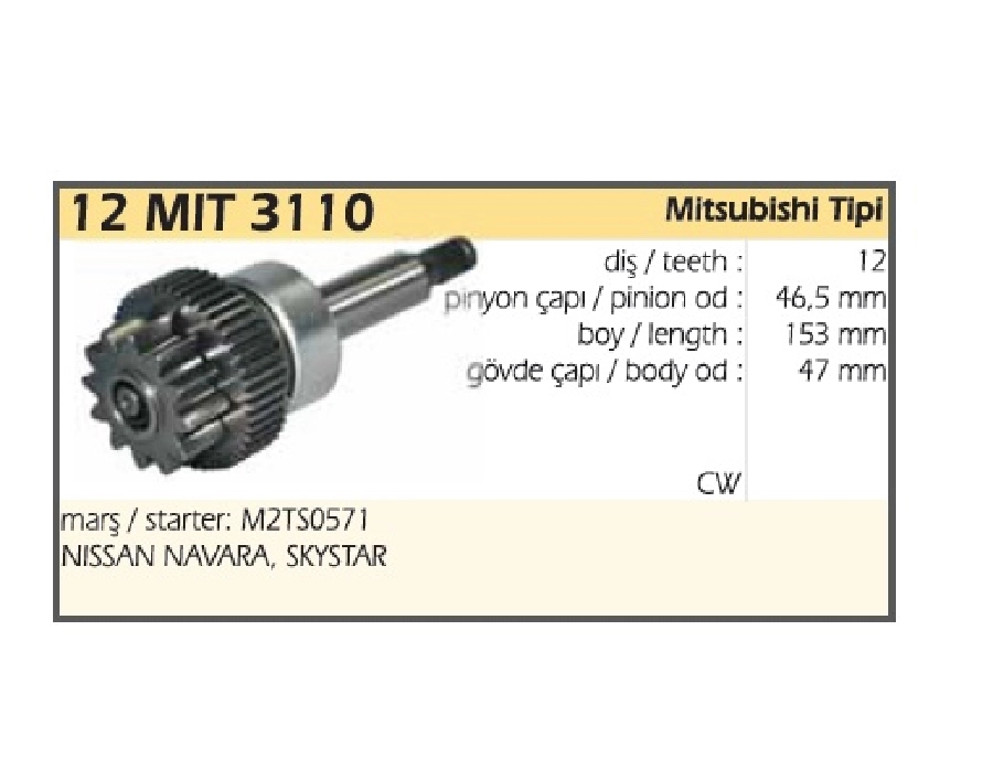 Redüktör Komple Tamir Takımı Milli + Marş Dişli 12 Diş - Nissan Skystar-Navara Diş Kafa Çapı: 46,5mm Boy | OEM 12MIT3110
