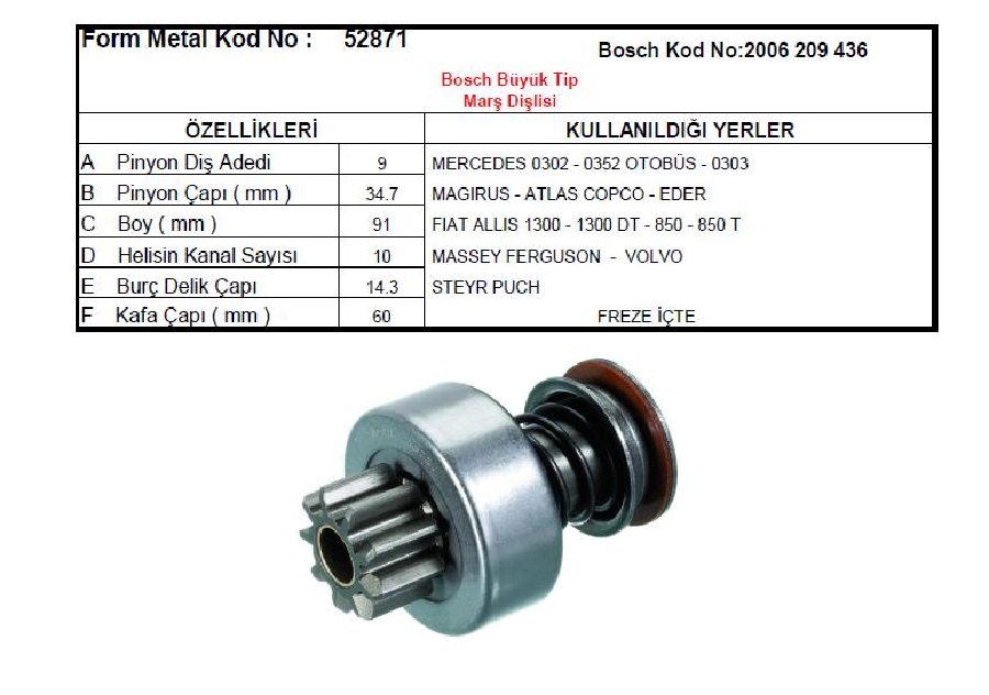 Marş Dişlisi 9D 10K Bosch Tipi (0308) Mercedes 302 Yeni Model, 303 - Volvo -Magirus, Atlas Copco (0105) | OEM 52871