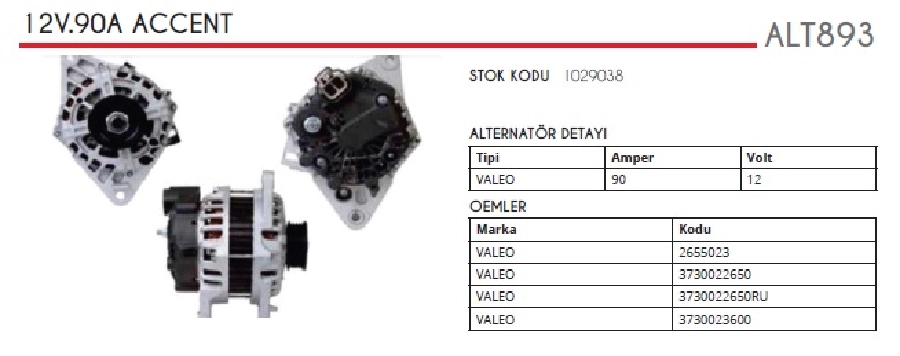 Alternatör 12V 90A Valeo Tipi Hyundai Accent Era 1.4L-1.6L 2007 ve sonrası, Accent 2 1.3L-1.5L Benzinli 2005 ve sonrası | OEM ALT893