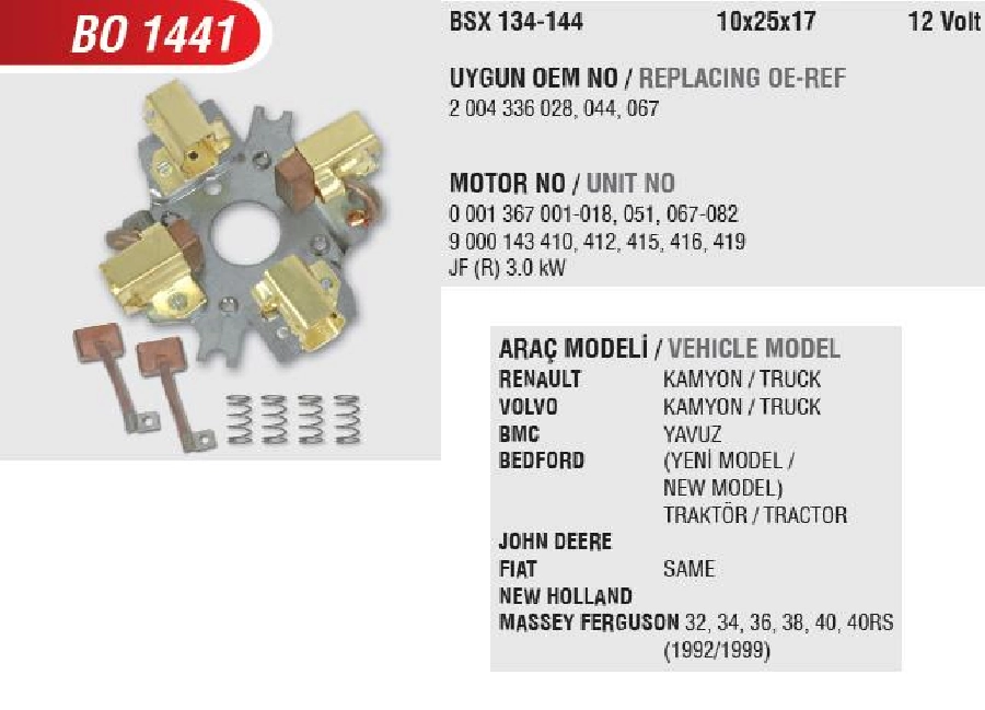 Marş Kömür Yuvası - Renault, Volvo, BMC Yavuz-Bedford, Mag. Yeni Model BSX134 (Uygun Kömür:BSX134, 144) | OEM BO1441