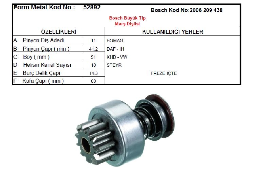 Marş Dişlisi 11D Bosch Tipi DAF, Steyr, Kdh, VW, Ih, Dodge, Renault V, Lamborghını | OEM 52892