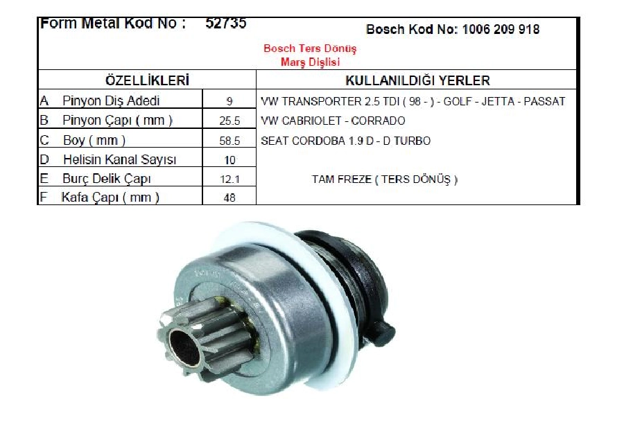 Marş Dişlisi 9D Seat Cordoba-VW Golf, Jetta, Passat Transporter 2,5 | OEM 52735