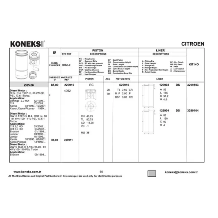 Motor Piston Segman P206 P307 P406 Partner 2 Scudo 2 Expert 2 Jumpy 2 Berlingo 2 C5 2,0JTD DW10TD (2,0HDI 8V) / (85,00MM) / (Std) | KONEKS 229910 | OEM 0628K7 0628N3 9463258980