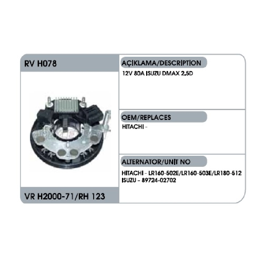 Konjektör + Diyot Tablası Hitachi Tipi 12V 80A Isuzu D Max Trucks Npr ( S-L Uçlu ) 2 Uçlu 114MM | OEM RVH078