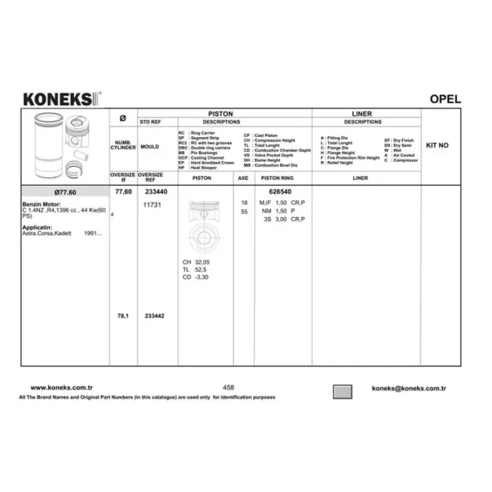 Piston+Segman 77,6MM Std Corsa-Kadett 1,4 8V 88--> Astra 91--> | KONEKS 233440 | OEM 8771677S