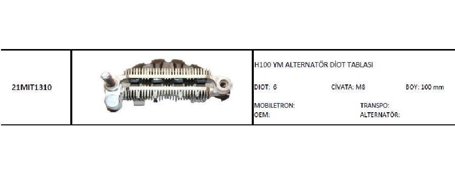 Diyot Tablası 6 Diyot 8mm Civata 100 2000 Hyundai H100 Yeni Model | OEM 21MIT1310