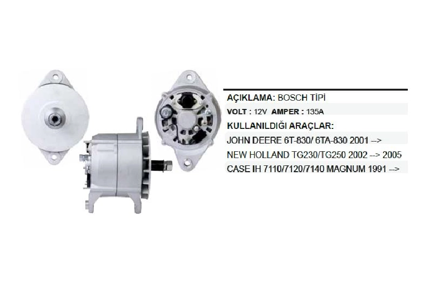 Alternatör 12V 135A Bosch Tipi New Holland Tg 210 - 230 Bıcerdöver, John Deere Case-Ih, Cummıns | OEM ALT294