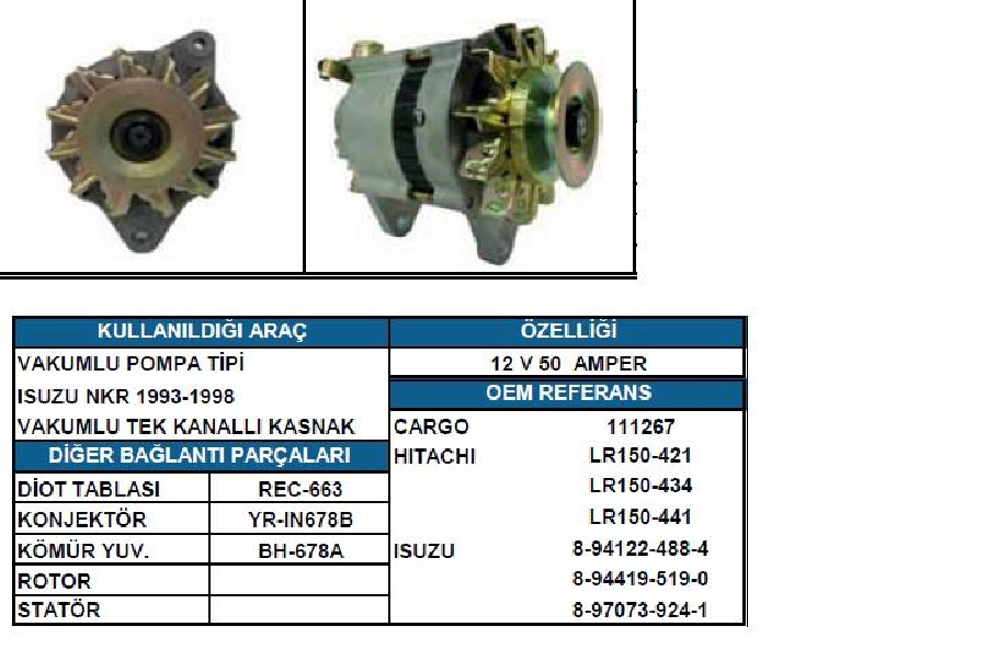 Alternatör 12V 50A Hitachi Tipi Peugeot J9 Premıer Isuzu Nkr 2,8 Dizel 1985 ve sonrası Opel Tek Kasnak Vakumlu | OEM LEA0471