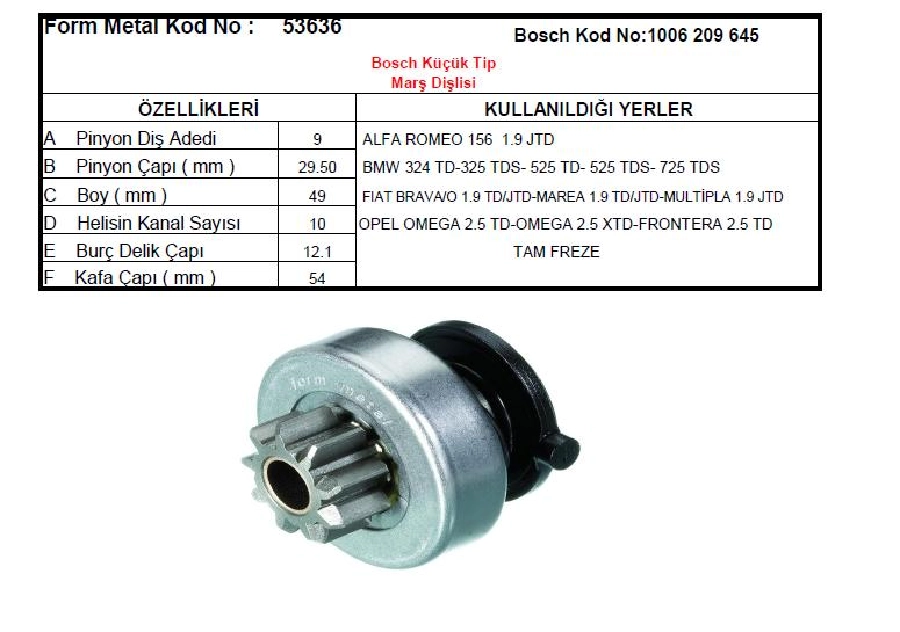 Marş Dişlisi 9D Bosch Tipi (1033) Marea Dzl Alfa Romeo-BMW-Opel | OEM 53636