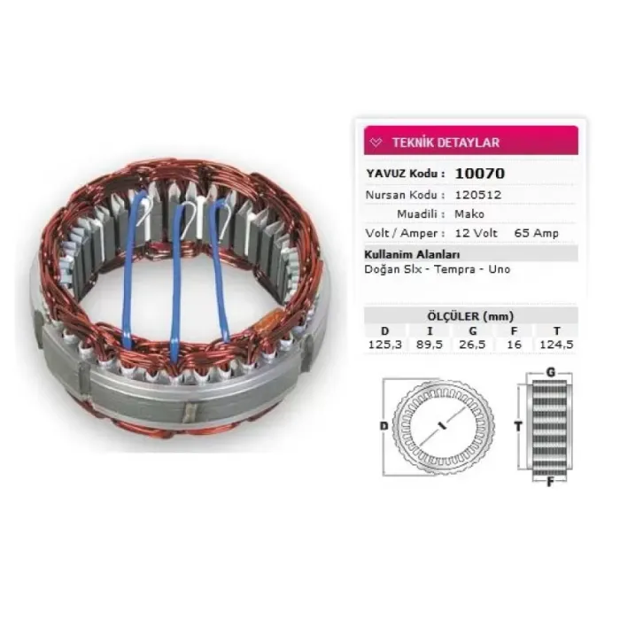 Stator Mako Tip 12V 65A Dogan Slx Tempra Uno Nursan 120512 | YAVUZ 10 070
