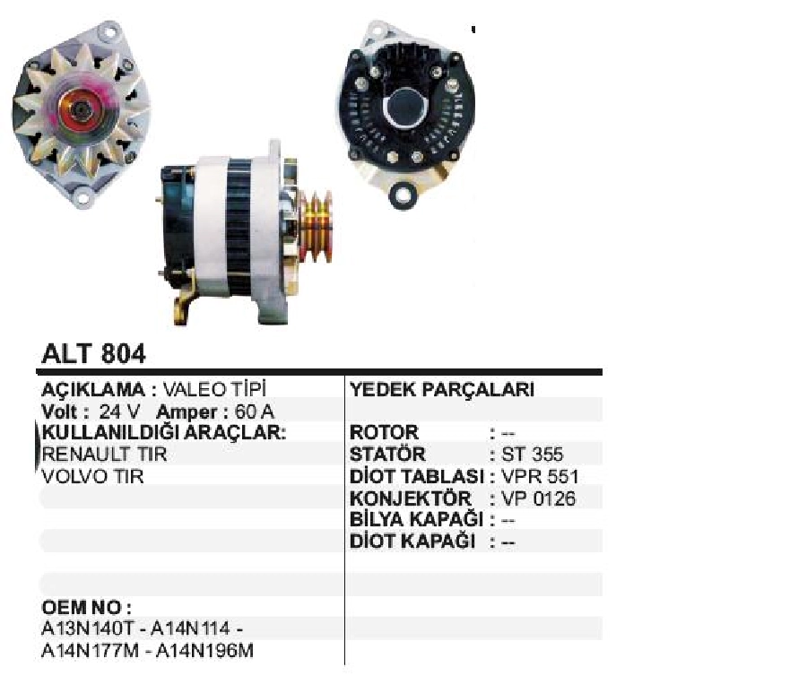 Alternatör 24V 60A Valeo Tipi Renault, Volvo Tır, V Çift Kasnak | OEM ALT804