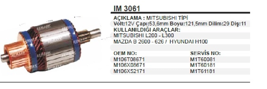 Marş Kollektörü Mitsubishi Tipi 12V Mitsubishi Galant, Lancer-Dodge- Mazda-Plymouth-Subaru BOY:121.5 Ca | OEM IM3061