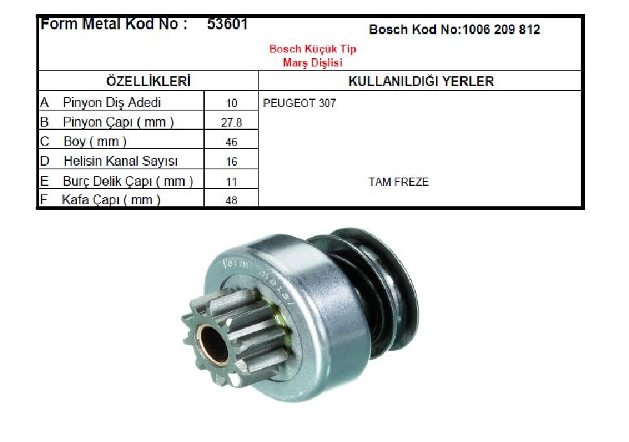 Marş Dişlisi 10D-16K Bosch Tipi Tam F - Peugeot 307 Partner | OEM 53601