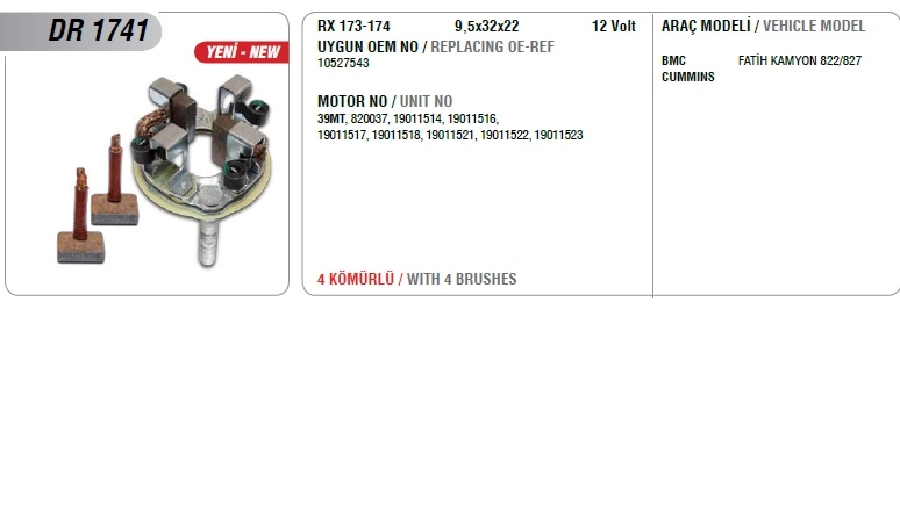 Marş Kömür Yuvası 24V Cummıns Motorlu İş Makinası BMC Pro 822, 827 (Uygun Kömür: RX173, 174) | OEM DR1741