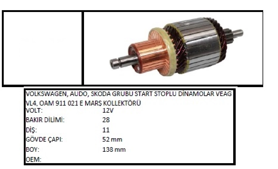 Marş Kollektörü 11D 12V Doblo 1.6 Multijet Volswagen, Audo, Skoda Start Stop, Veag VL4, Oam 911 021 E Göv | OEM IM3238