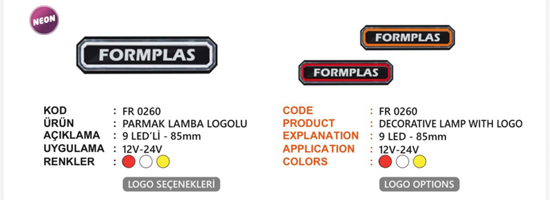 Fr Neon Parmak Lamba Logolu 9 Ledli 12-24 Volt Kırmızı