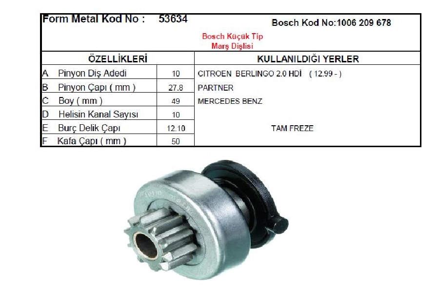 Marş Dişlisi Bosch Tipi Dişli 10D. P. Partner-Cıt .Berlingo-Mercedesvıto 108D, 110D, E250 A160-170 400 | OEM 53634