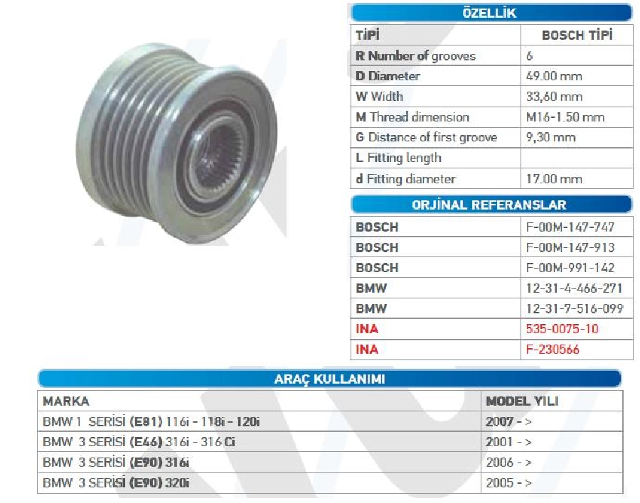 Alternatör Kasnak Bilyalı - BMW 1 Serisi-3 Serisi-5 Serisi (E60) Wut 1102.0010 KSN91277 | OEM WUT.1102.0010