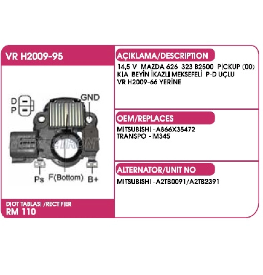 Konjektör Mitsubishi Tip 14.5V Mazda 626-323- 2200-2500 200 Pıck-Up (00), Kia Besta-Ceres Meksefelı ( | OEM VRH2009-95