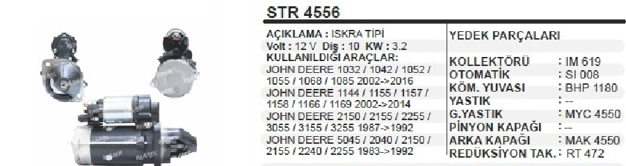 Marş Motoru 12V 10D 3,2 kW Iskra Tipi John Deere Iskra Jcb Valtra, Johndr 2 Kulak AZF4596 | OEM STR4556