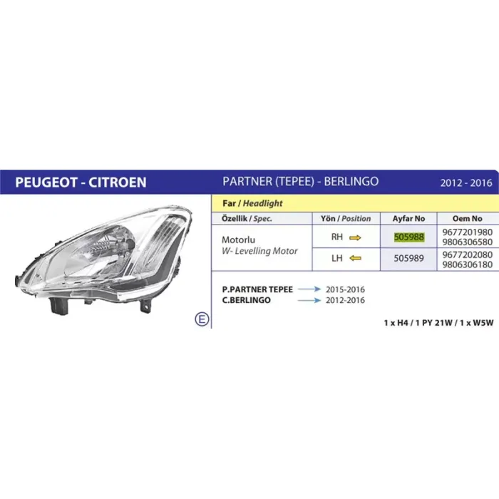 Far Sol Sinyalli Motorlu E Belgeli Ampullu (H4) Berlingo 2012> | AYFAR 505989 | OEM 9677202080/9806306180