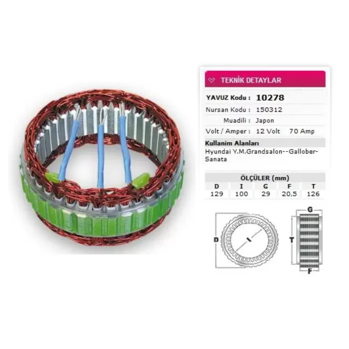 Stator Mitsubishi Tip 12V 70A Hyundai Ymgrandsalon Gallober Sanata Nursan 150312 | YAVUZ 10 278 | OEM 3735038300 3735039000 3735042300