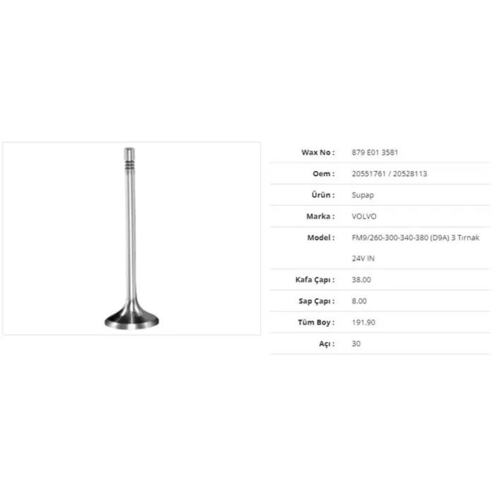 Subap Emme Volvo FM9/260-300-340-380(D9A ) 3 Tirnak 24V 38KX8SX191,9BX30A (12ADET) | WAX 879 E01 3581 | OEM 20551761 20551761